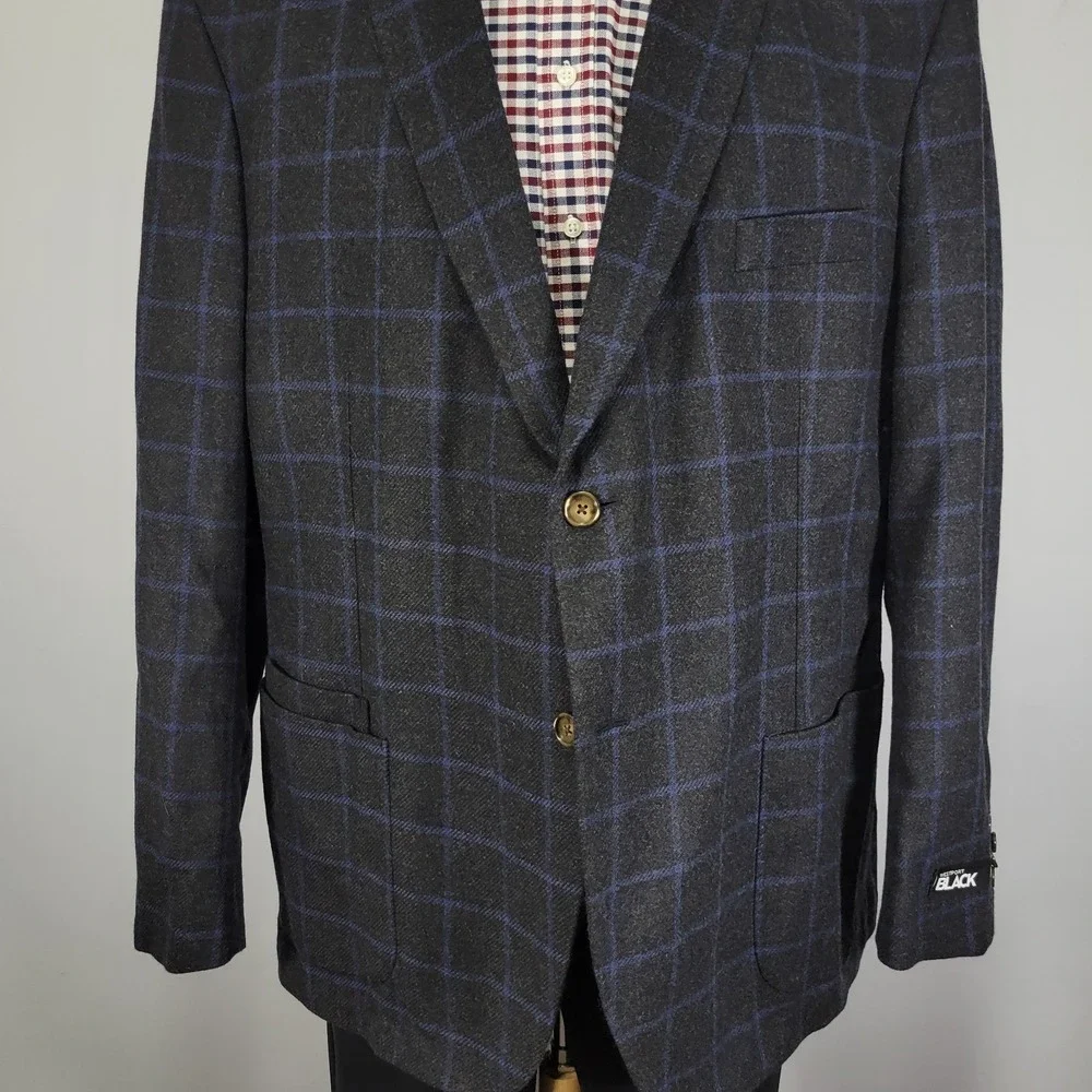 Westport Men's Sport Coat Blazer Two Button Flannel Charcaol Blue Plaid Wool 52R